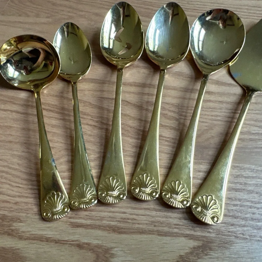 6pc Azuma Japan 24K Gold EP Hostess Set Pierced Vegetable Spoon Pie Server Ladle